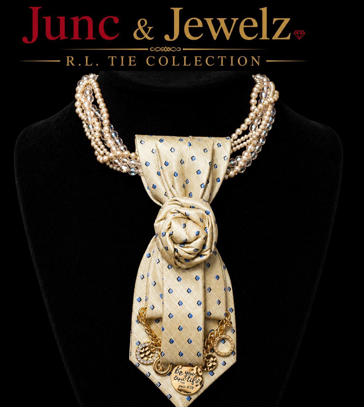 Decorative tie with pearls and embellishments on a black background, featuring 'Junc & Jewelz' branding.